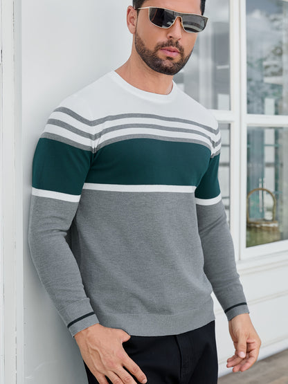 Men's Casual Comfort Knit Sweater, New Spring/Autumn Round Neck Base Layer Three-Stripe Contrast Color Pullover