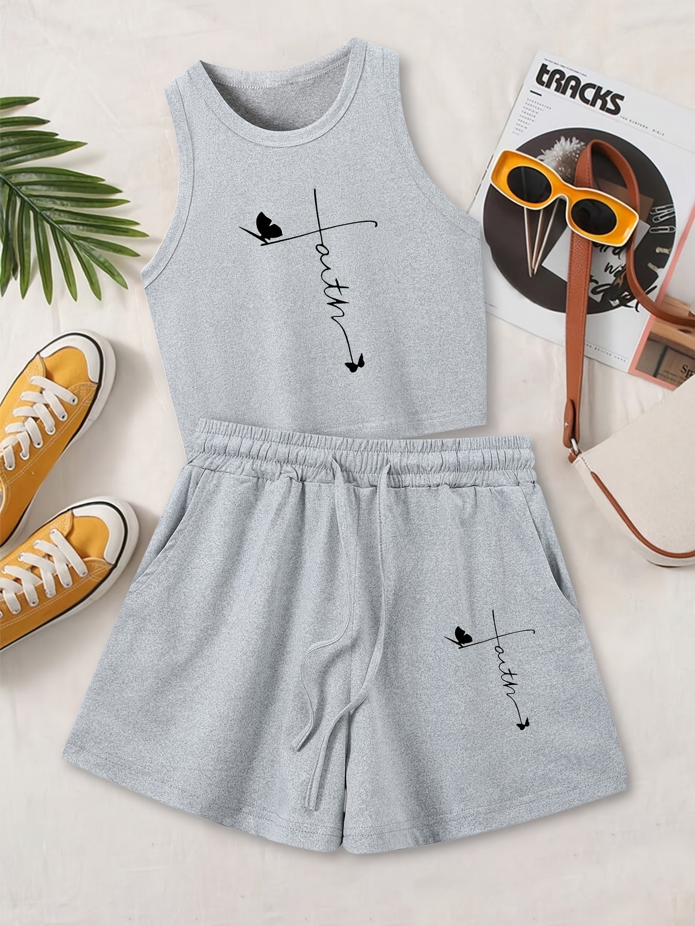 Women's Casual Two-Piece Set with Graphic Tee & Wide Leg Pants