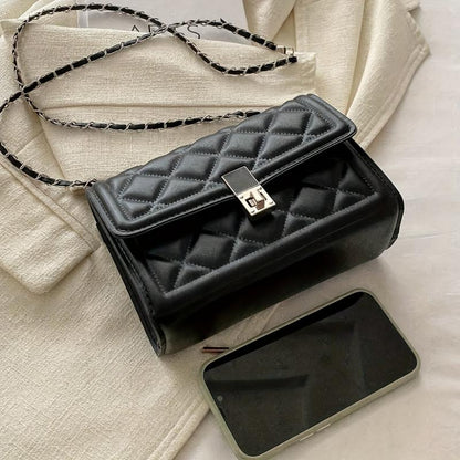 Women' Elegant Black Handbag with Rotating Lock Closure & Chain Strap - Convertible Crossbody/Shoulder Bag Suitable for, Travel, Daily Use - Durable Structured Wallet-Purse with Chain Strap Accessory ()