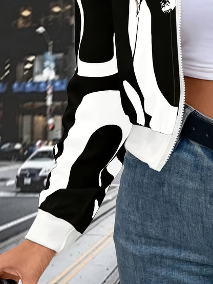 Women'S Stylish Black & White Abstract Print Zip-Up Cardigan Jacket - Casual Long Sleeve Pullover with Belted Waist, All-Season Wear, Casual Attire Jacket|Modern Casual Jacket|Zippered Jacket