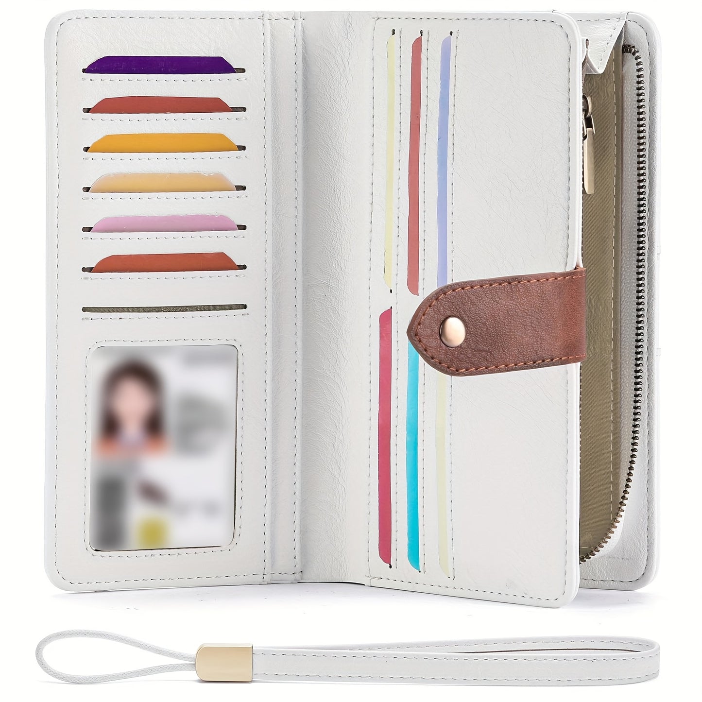 Women's Large Capacity Wallet Handbag with Wrist Strap - Elegant White & Golden-Tone Long Wallet, Golden-Tone Hardware, Multi-Compartment Organizer with Cash Pocket & Card Holder for Everyday Use, School, Work, Travel - Styli
