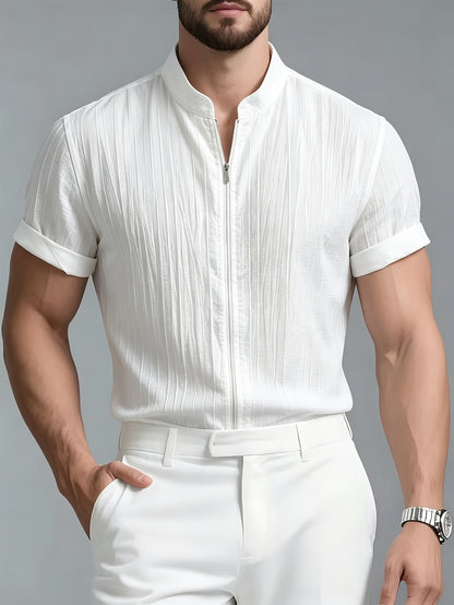 Men's Casual Elegant Short Sleeve Zipper Shirt with Stand Collar