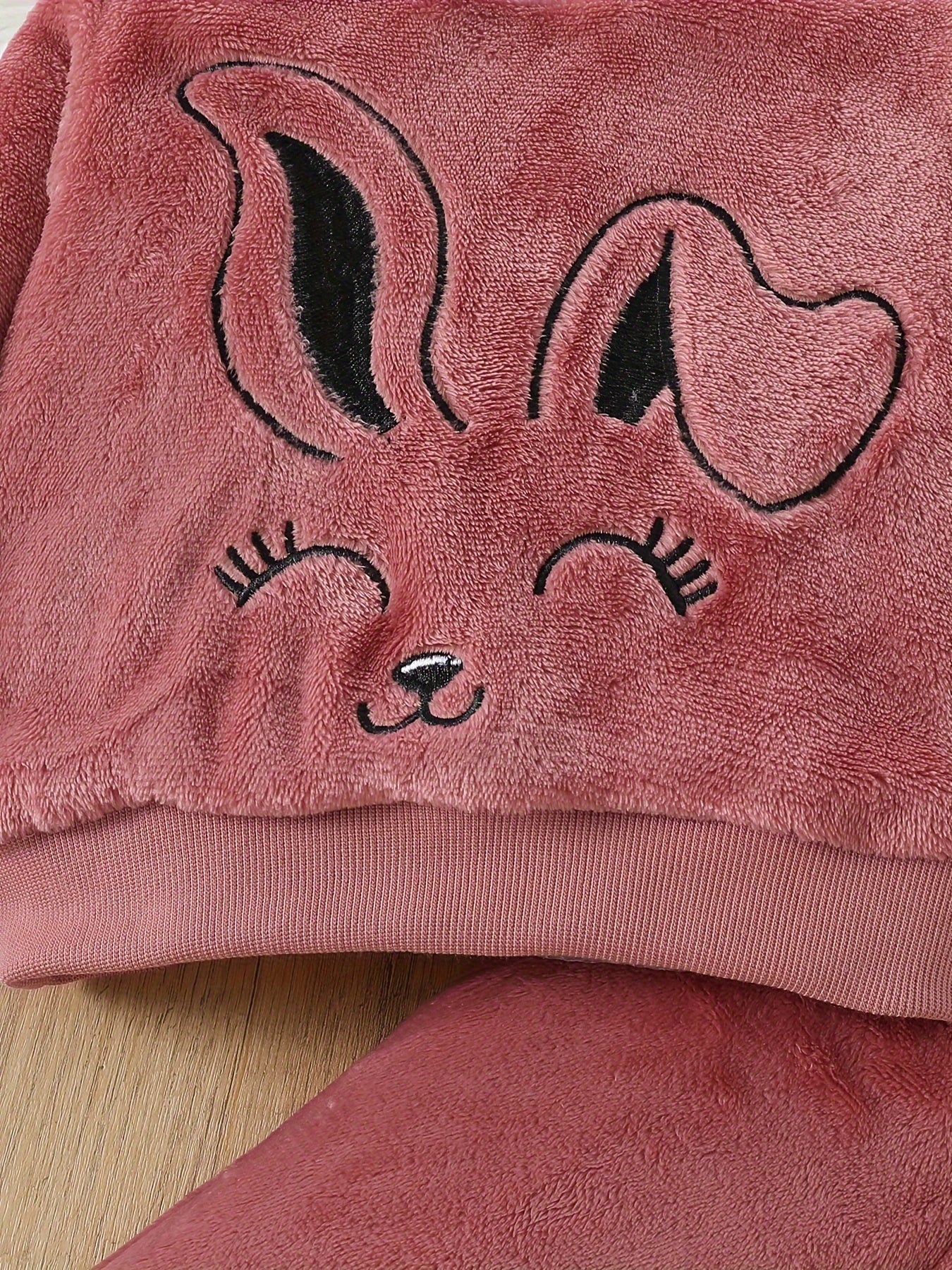 Adorable Cartoon Rabbit Embroidered Two-Piece Set for Youngsters - Soft Coral Fleece Outfit with Matching Pants, Perfect for Fall/Winter Casual Wear, Youngsters'S Playwear|Playful Design|Stretchy Fabric, Youngsters Girl Cloth