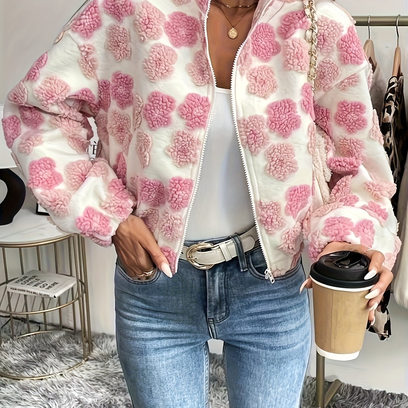 Women's Elegant Pink Floral Jacket - Non-Stretchy Blazer-like Coat, Machine Washable Outerwear for Fall/Spring, Office, Parties & Everyday Chic Outfits, Party Attire, Durable Zipper Closure