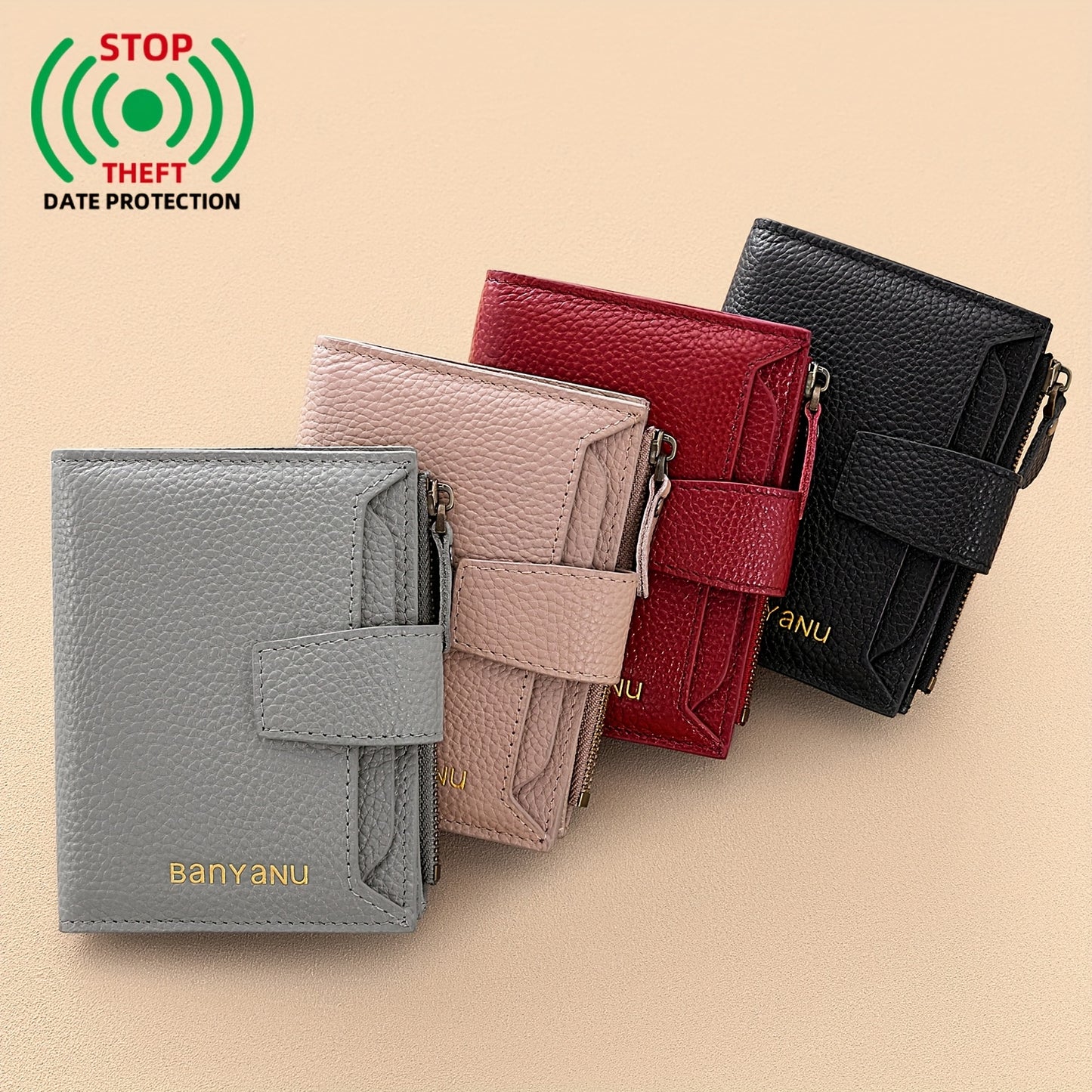 BANYANU Women'S Genuine Faux Leather Wallet - Red Lychee Grain Texture, Multi-Card Slots, Zippered Coin Pocket, Detachable ID Window, Compact Design for Everyday Use, Secure Coin Storage | Stylish Wallet | Synthetic