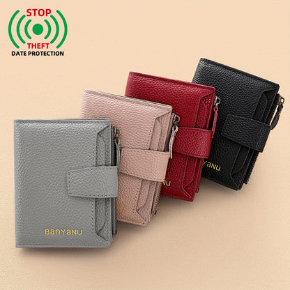 BANYANU Women'S Genuine Faux Leather Wallet - Red Lychee Grain Texture, Multi-Card Slots, Zippered Coin Pocket, Detachable ID Window, Compact Design for Everyday Use, Secure Coin Storage | Stylish Wallet | Synthetic