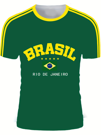 Men'S Casual Short-Sleeve T-Shirt with 3D Digital Printing, Round Neck, Brazilian Style, Made of Slightly Stretchy Polyester Knit Fabric, Suitable for Summer Outdoor Activities And Everyday Wear.