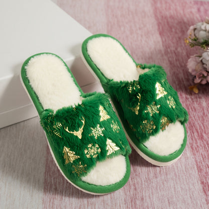 Women'S Winter Plush Slip-On Slippers with Golden Snowflake & Red Tree Print - Soft Warm Indoor House Shoes with Plush Lining, Cozy Winter Footwear for Christmas, Holiday Gifts, Christmas Slippers, Festive Footwear, Seasonal