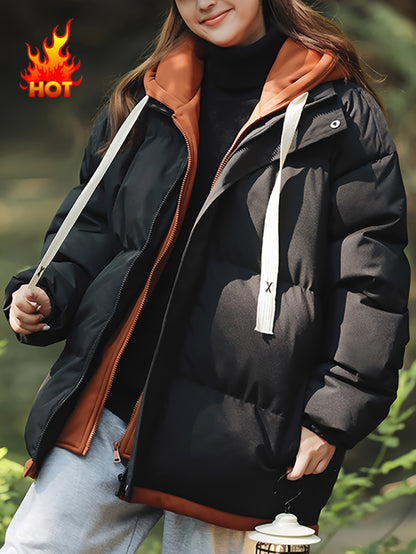 Women'S Light Blue Hooded Puffer Jacket - Cozy Fleece-Lined Winter Coat with Drawstring Hood, Casual Style for Cold Weather, Winter Coat