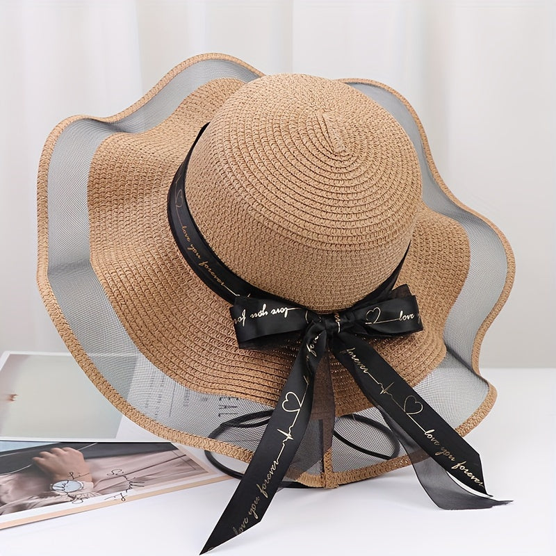 Women’s Packable Straw Sun Hat with Wide Bow Ribbon