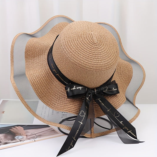 Women’s Packable Straw Sun Hat with Wide Bow Ribbon - ayq