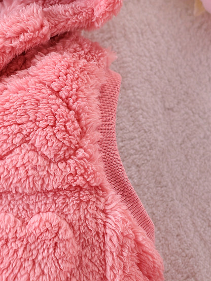 3pcs Girls' Baby Fashion Casual Jacquard Heart Plush Hooded Vest and Heart Embroidered Plush Pullover Top and Jacquard Heart Plush Drawstring Pants for Autumn/Winter, Perfect for Outdoor