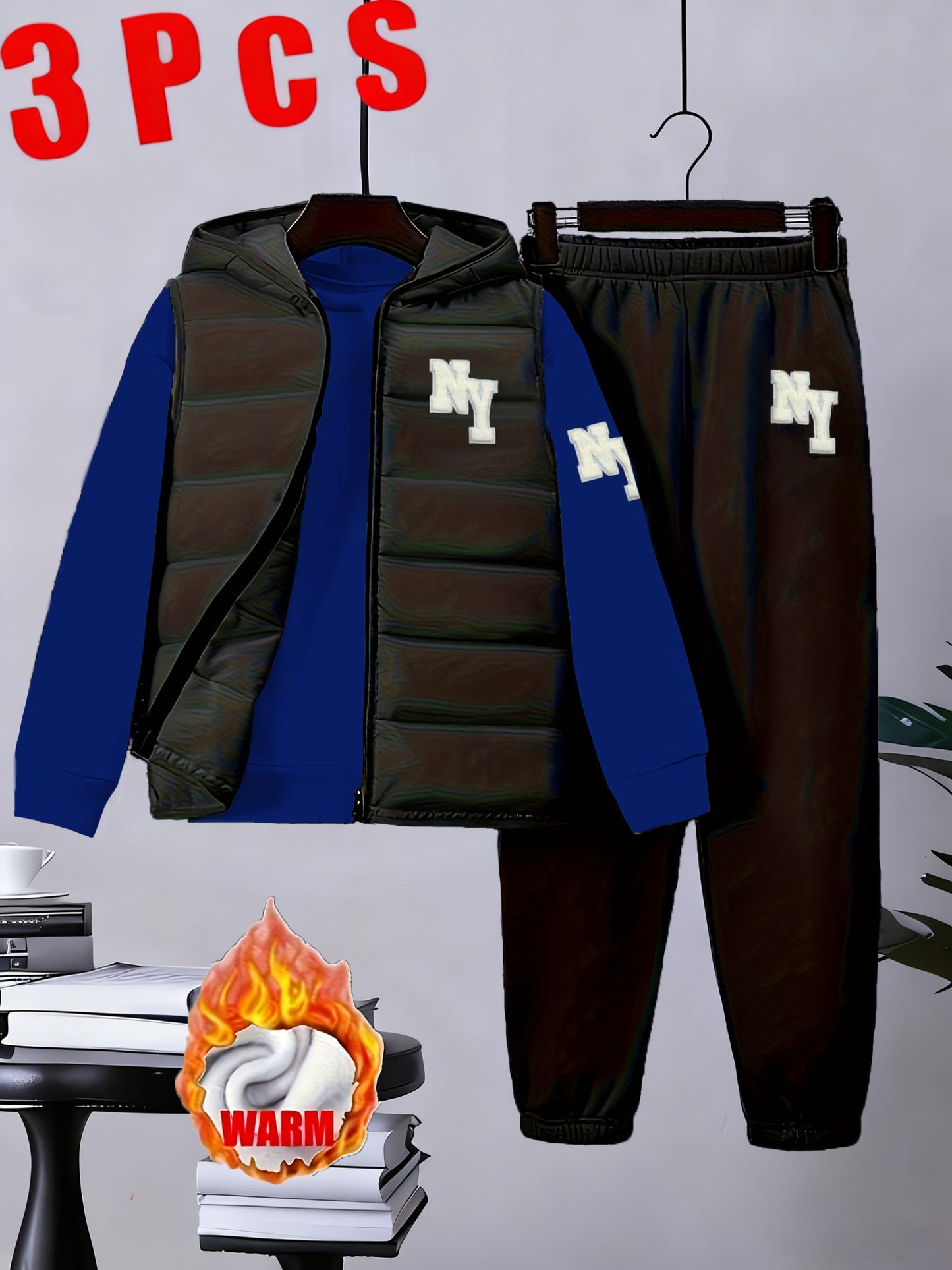 3pcs Boys' Winter Warm Uniform Set - NY Logo Lettered Jacket, Sweatshirt & Pants with Numbered Parch-Like Strips (8-12 Years) | Machine Washable 3pcs Outfit for, & Cold Weather | Non-Stretch Layered Clothing, Perfect for Outd