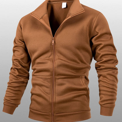 Men's Stand Collar Zip-Up Solid Color Fleece Jacket Long Sleeve Casual Sport Hoodless Coat with Large Side Pockets, Suitable for Daily Wear, Outdoor Activities, Hiking