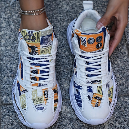 Men'S  Women'S Graffiti Couple Sneakers, All-Season Lightweight Cushioned Running Shoes, Stability Pronation, Cartoon Pattern, MD Sole, EVA Insole, Polyurethane Upper, Fabric Lining