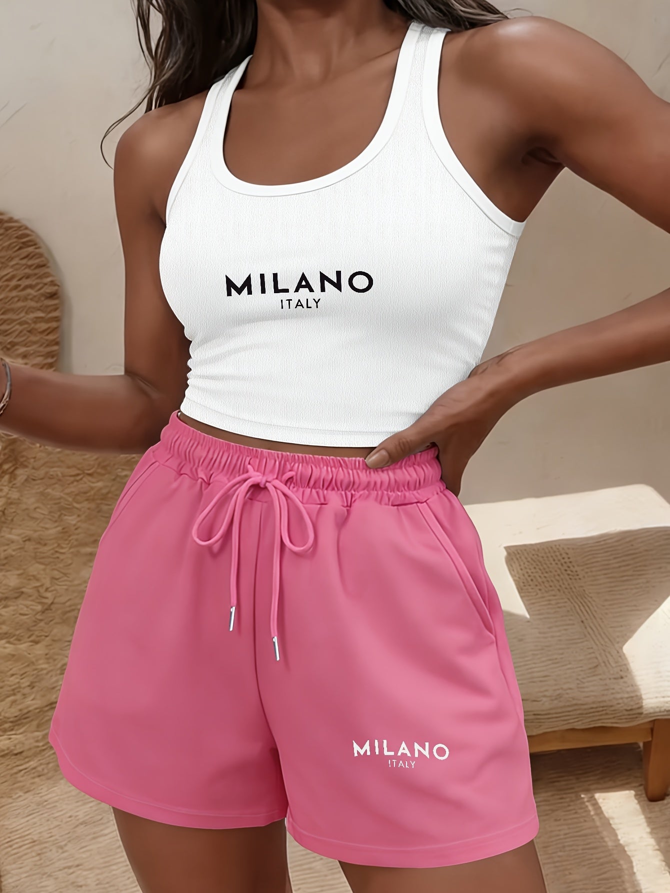 Women's Casual Sleeveless Crop Top & Drawstring Shorts Set