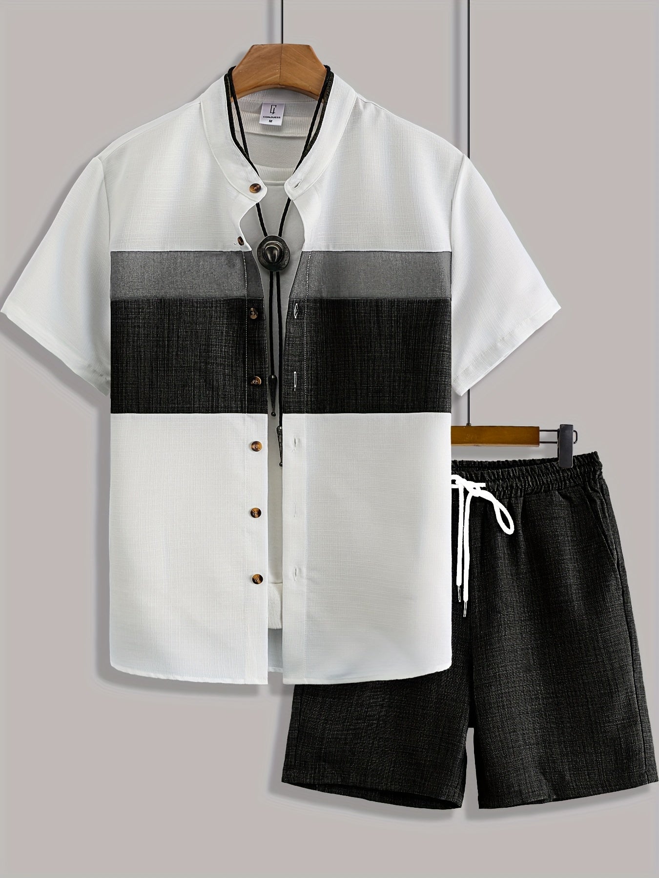 Men'S Casual Solid Color Two-Tone Suit with Stand Collar, Three-Color Imitation Linen, Exquisite Button, Double Short, Solid Color Set