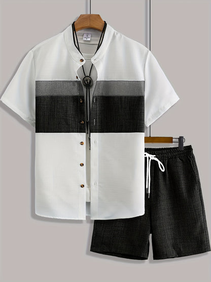 Men'S Casual Solid Color Two-Tone Suit with Stand Collar, Three-Color Imitation Linen, Exquisite Button, Double Short, Solid Color Set