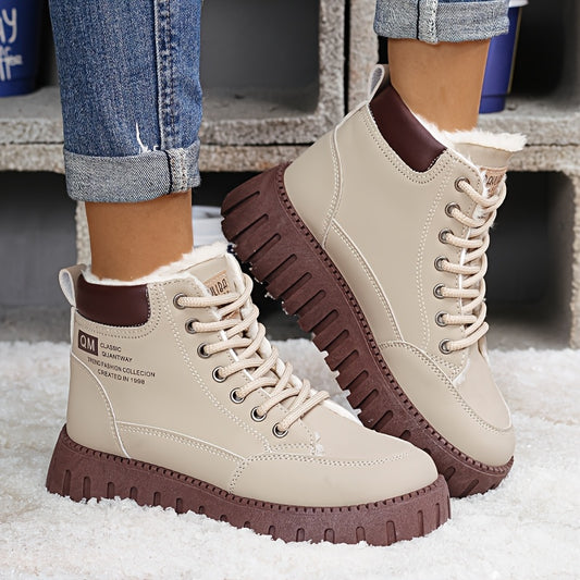 Women's Warm Boots - Heavy-Duty PU Coated Texture, Lace-Up Ankle Boots, Thick Sole Height Increase and Non-Slip Rubber Sole - Beige/Brown Options, Elegant Winter Boots for Women, Shiny Black Winter Boots with Beige Plush Lini