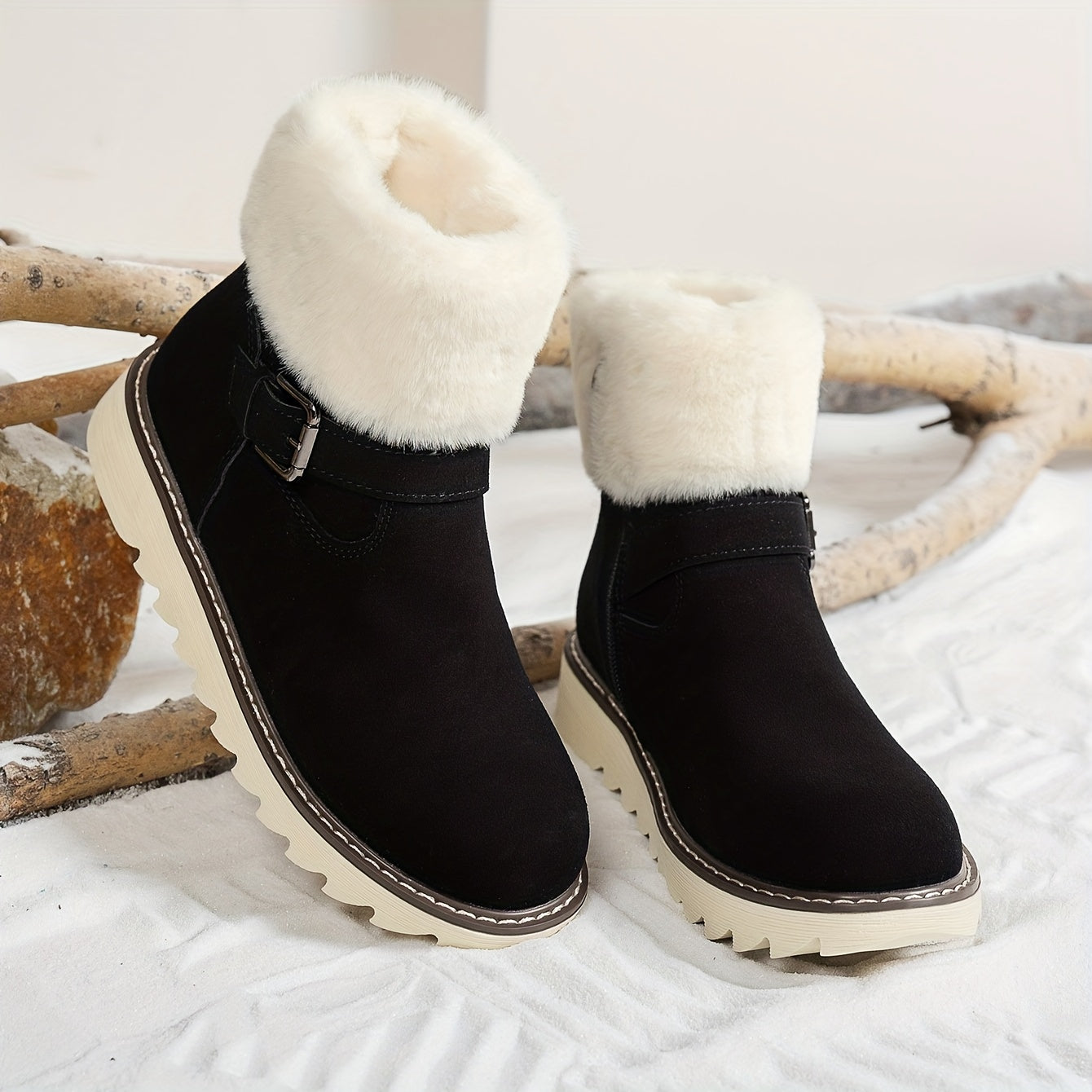 Women's Winter Snow Boots with Plush Faux Fur Collar & Buckle Closure - Round Toe TPR Sole Slip- Warm Ankle Boots, Soft Fabric Upper & Lining, Black/White/Beige/Coffee Brown - Casual & Formal Winter Footwear for Snow & Ice -