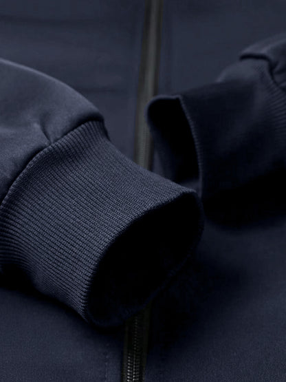 Men's Navy Blue Full-Zip Casual Jacket with Golden Happy New Year Print & Golden Glitter Lettering - Full-Zip Closure, Machine Washable, Regular Fit Winter Coat for Parties, Casual Attire & New Year's Eve Outfits - Stylish Ou