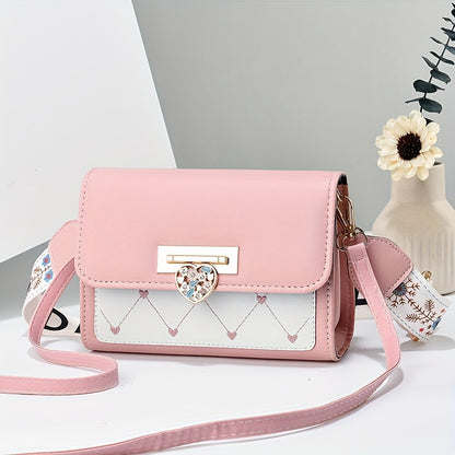Chic Versatile Women’s Shoulder Bag with Cute Heart Pattern - Adjustable Strap, Magnetic Closure, in Pink, Green, Blue, Black, Casual Crossbody Bag | Playful Heart Design | Decorative Zipper Charm