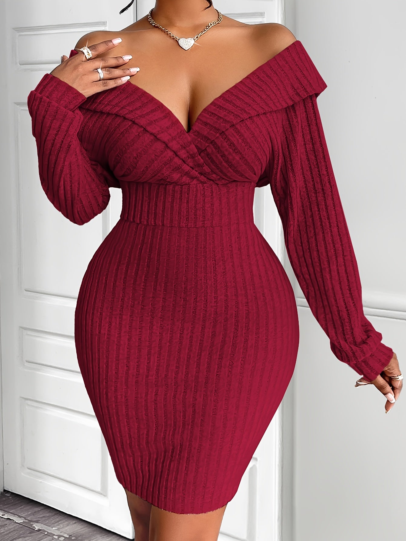 Sexy V-Neck Knit Bodycon Dress for Women, Long Sleeve One-Shoulder Solid Color Polyester Dress with Lace-Up Detail, Regular Fit for Fall Season
