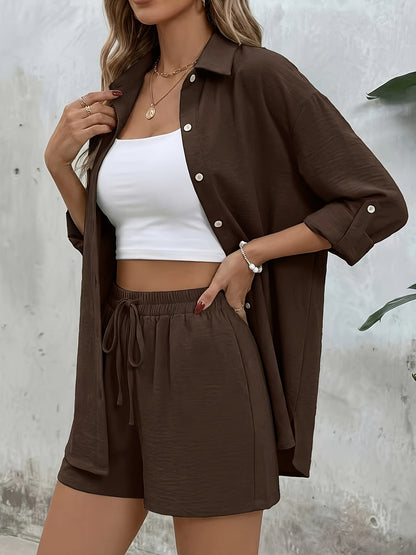 Women's Casual Long-Sleeve Shirt & High-Waist Shorts Set for Spring/Su