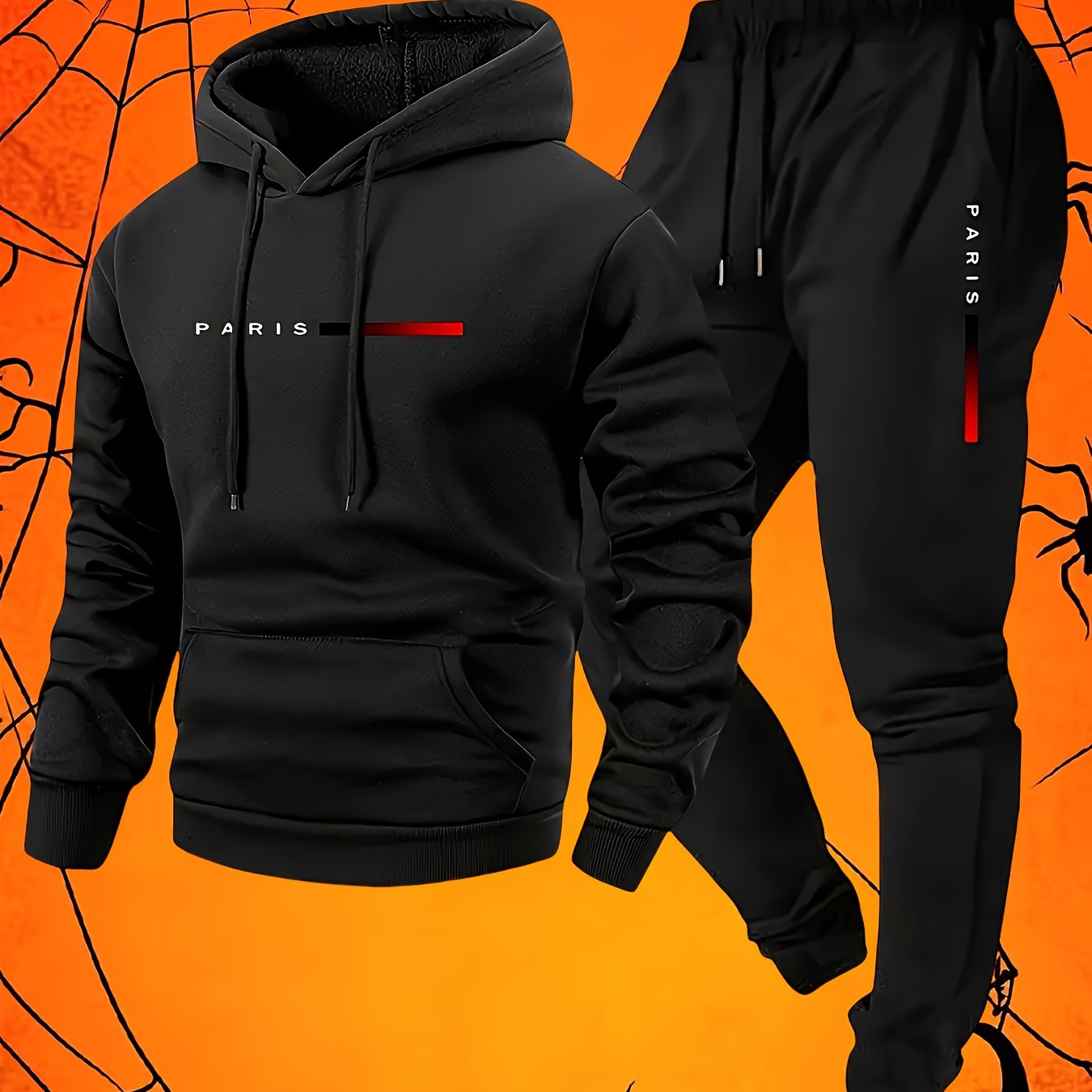 Halloween Men'S Hoodie with PARIS Lettering And Drawstring Sweatpants Set, a Must-Have Outfit for Autumn And Winter, Perfect for Everyday Outdoor Wear