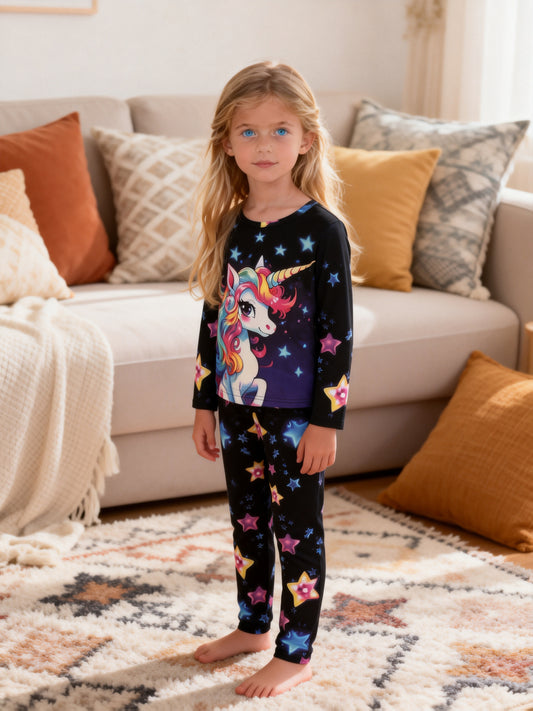 Girls' Unicorn Print Long-Sleeve Base Layer Set, Cozy Knit