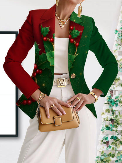 Women's Elegant Red/Green Holly Berry Jacket & White Pants Suit - X-Line Tailored Blazer with Collar, -Tone Buttons, -Free Winter Coat for, Weddings, Parties - Machine Washable Autumn Winter Outfit