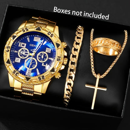 A Set of 4 Elegant Men'S Business Stainless Steel Quartz Watches, Featuring Stainless Steel Straps, Analog Display, And Accompanied by a Bracelet, Ring, And Necklace, Making It The Perfect Gift for Valentine'S Day, Easter, An