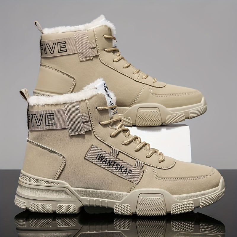 Men'S Winter Boots - Thermal Insulated Anti-Slip Snow Shoes with Cushioned Insole, Beige/Tan Cold Weather Boots for Ice, Snow, and Everyday - Lace-Up Ankle Support, Durable PVC Outsole - Ideal for Hiking, Urban Commute, and O