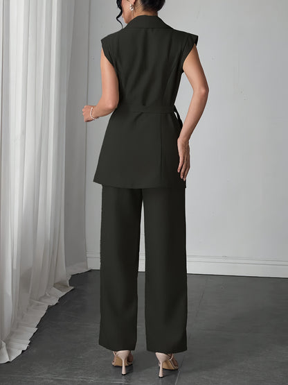 Stylish Women'S Elegant Modern Two-Piece Set with Side-Waist Design, Solid Color Sleeveless Jacket and Pants for Spring/Summer