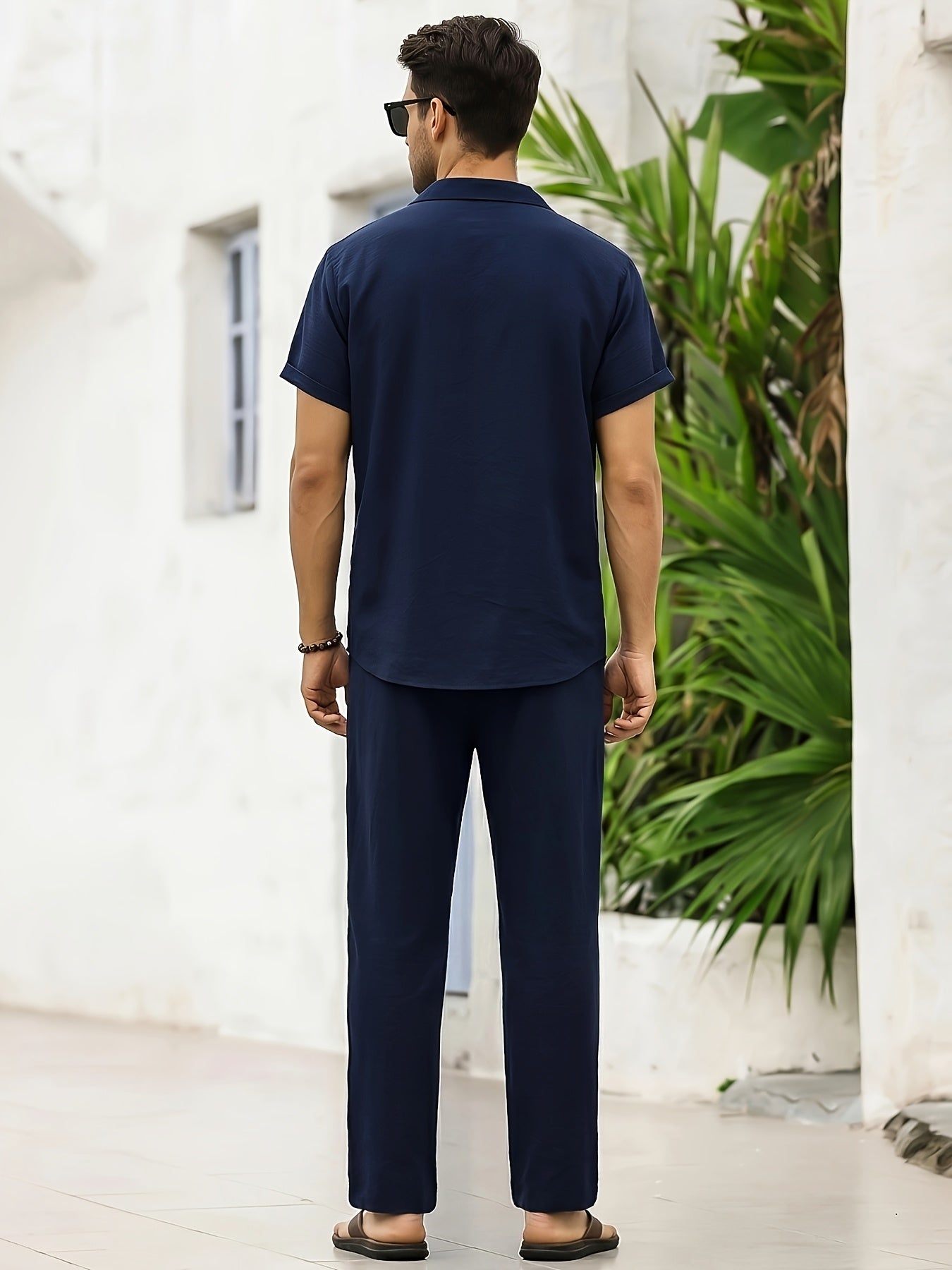 Men's Summer Linen-Texture Vacation Set with Cuban Collar