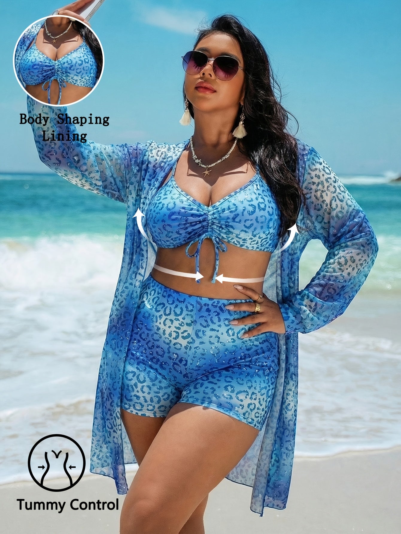 Plus Size Leopard Print Beachwear Set with Adjustable Straps