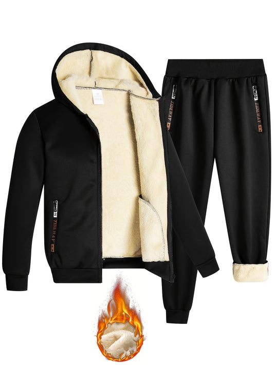 2pcs Boys' Fashion Fleece-Lined Thickened Jacket + Pants Set, Stylish Zip-Up Hoodie and Casual Sportswear Outfit for Autumn/Winter, Perfect Gift, Perfect for Outdoor, Autumn/winter Coat For Boy, Sportswear Suit For Boy, Boy C