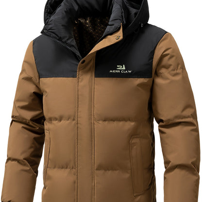 Men's Winter Jacket 100% Polyester Windproof Thermal Insulated Hooded with Detachable Hood, College Style Letter Pattern Zipper Front, Regular Fit for Skiing Outdoor Activities & Daily Wear