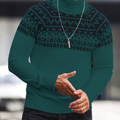 Men's Geometric Graphic Print Knitted Pullover, Casual Long Sleeve Turtle Neck Sweater For Fall Winter, Outdoor Cloth