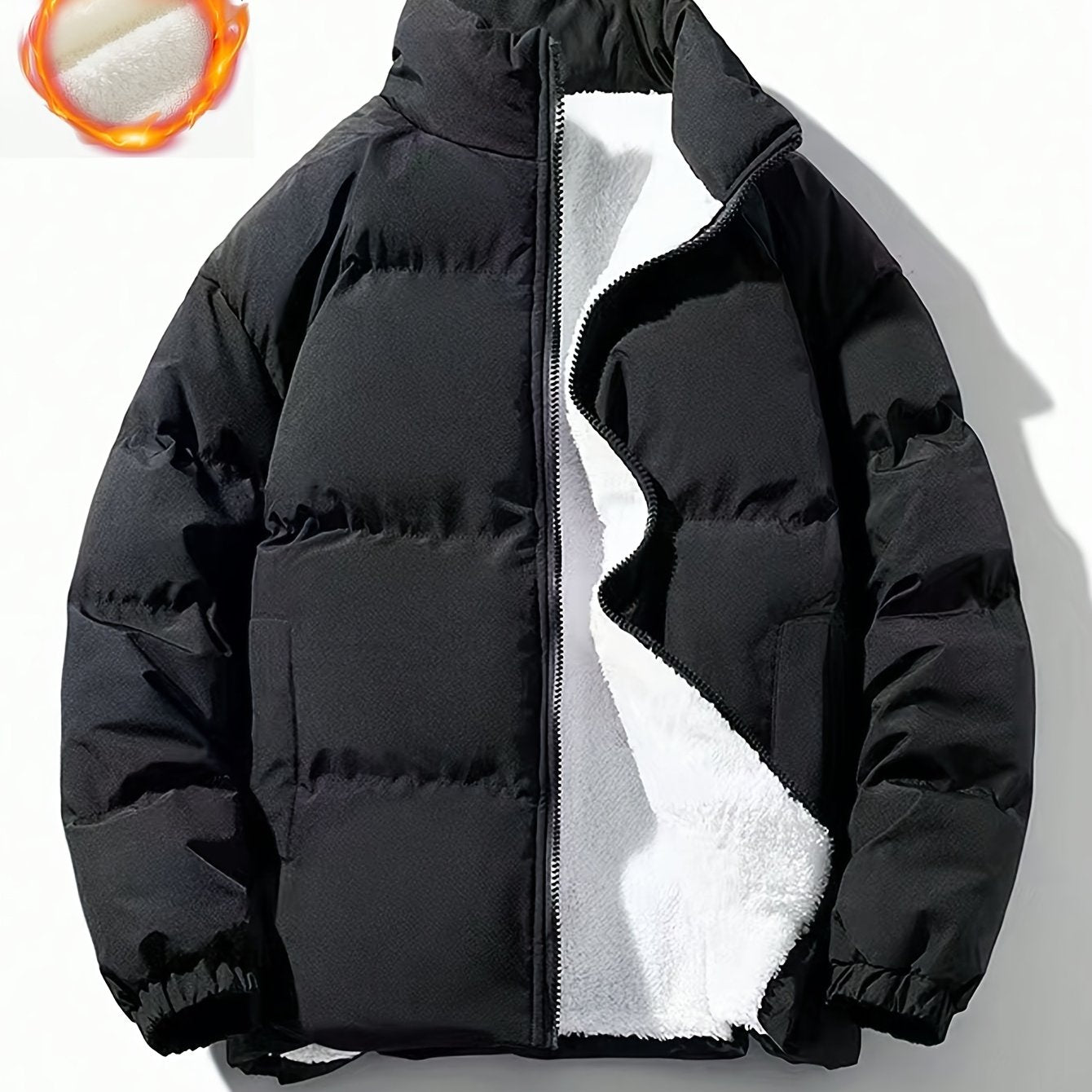 Yilong OBM Men's 2025 Fleece-Lined Winter Coat - Stand Collar Padded Insulation, Machine Washable Polyester, Solid Color Casual Jacket with Zipper Closure for Cold Weather, Winter Jacket, Outdoor Clothing, Minimalist Design,