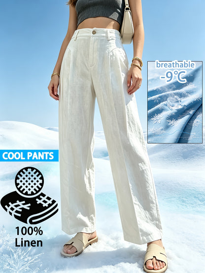 Elegant 100% Linen Long Straight Pants with Pockets for Spring