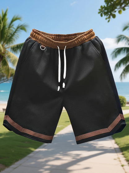Men's Casual Color Block Polyester Summer Shorts with Drawstring