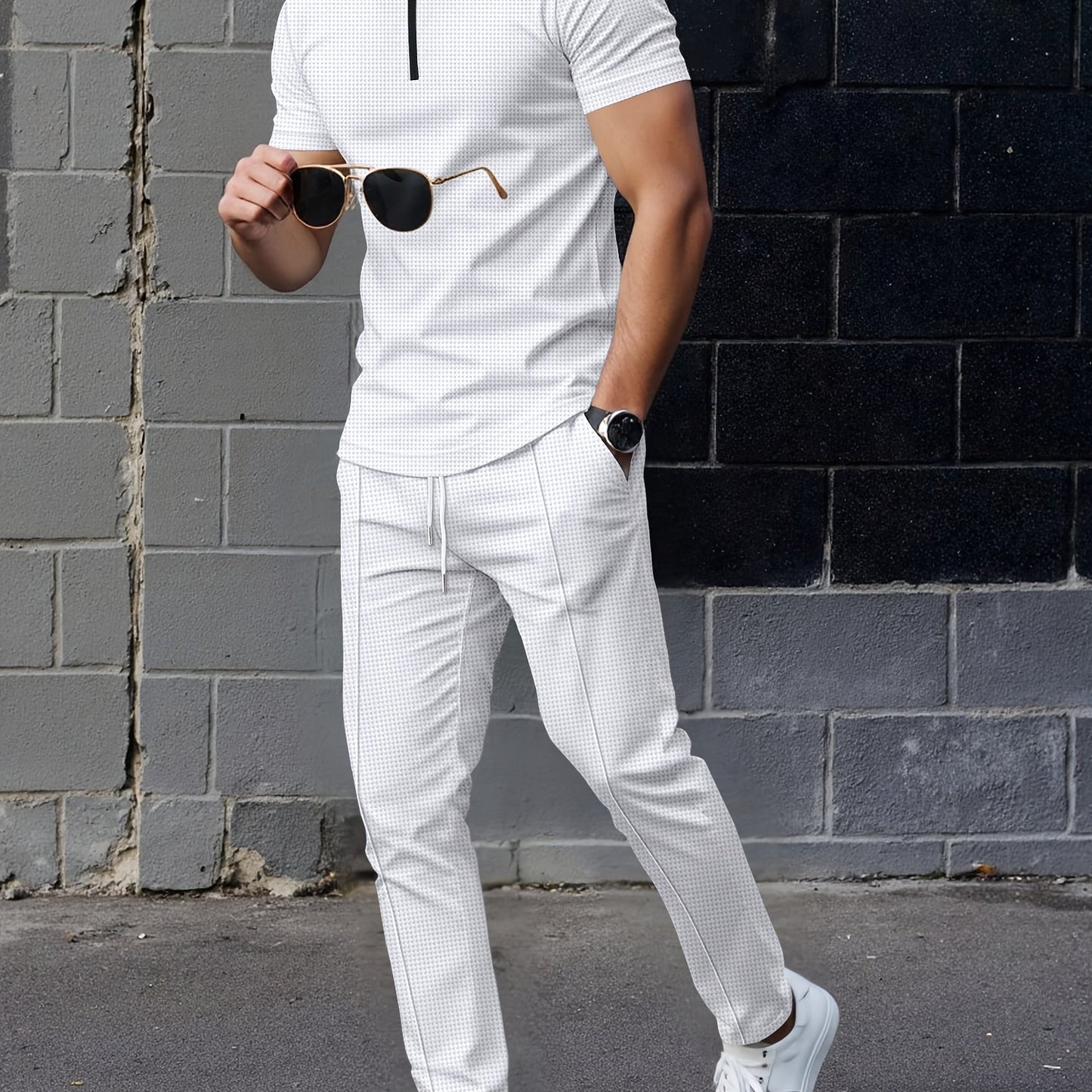 Men's Waffle Knit Zipper Shirt, Rib Collar Short Sleeve T-Shirt, Casual Breathable Summer Top - ayq