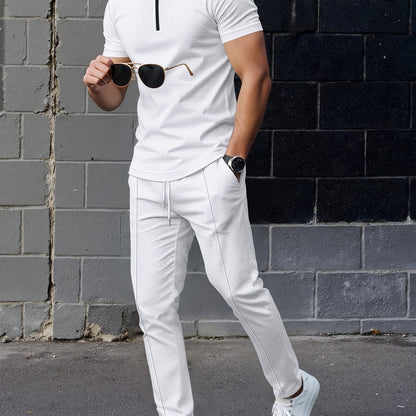 Men's Waffle Knit Zipper Shirt, Rib Collar Short Sleeve T-Shirt, Casual Breathable Summer Top - ayq