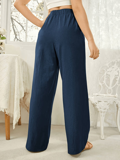 Women’s High-Waist Straight Polyester Trousers with Fake Drawstring