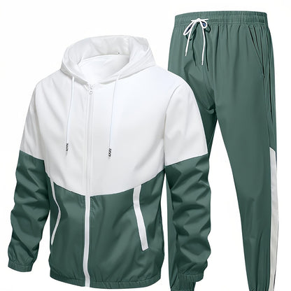 2pcs Men'S Casual Sportswear Set - Color Block Hooded Jacket and Pants, Polyester, Machine Washable, All-Season, with Pockets, Regular Fit, Spring Sportswear|Hooded Sportswear|Machine Washable Fabric