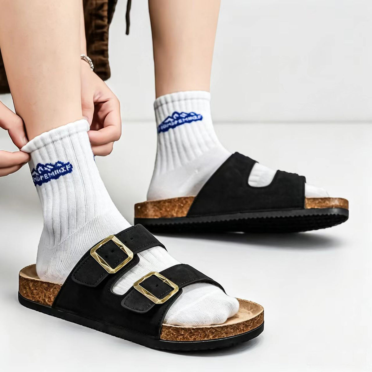 Men's Double Buckle Cork Footbed Sandals with Non-Slip Sole