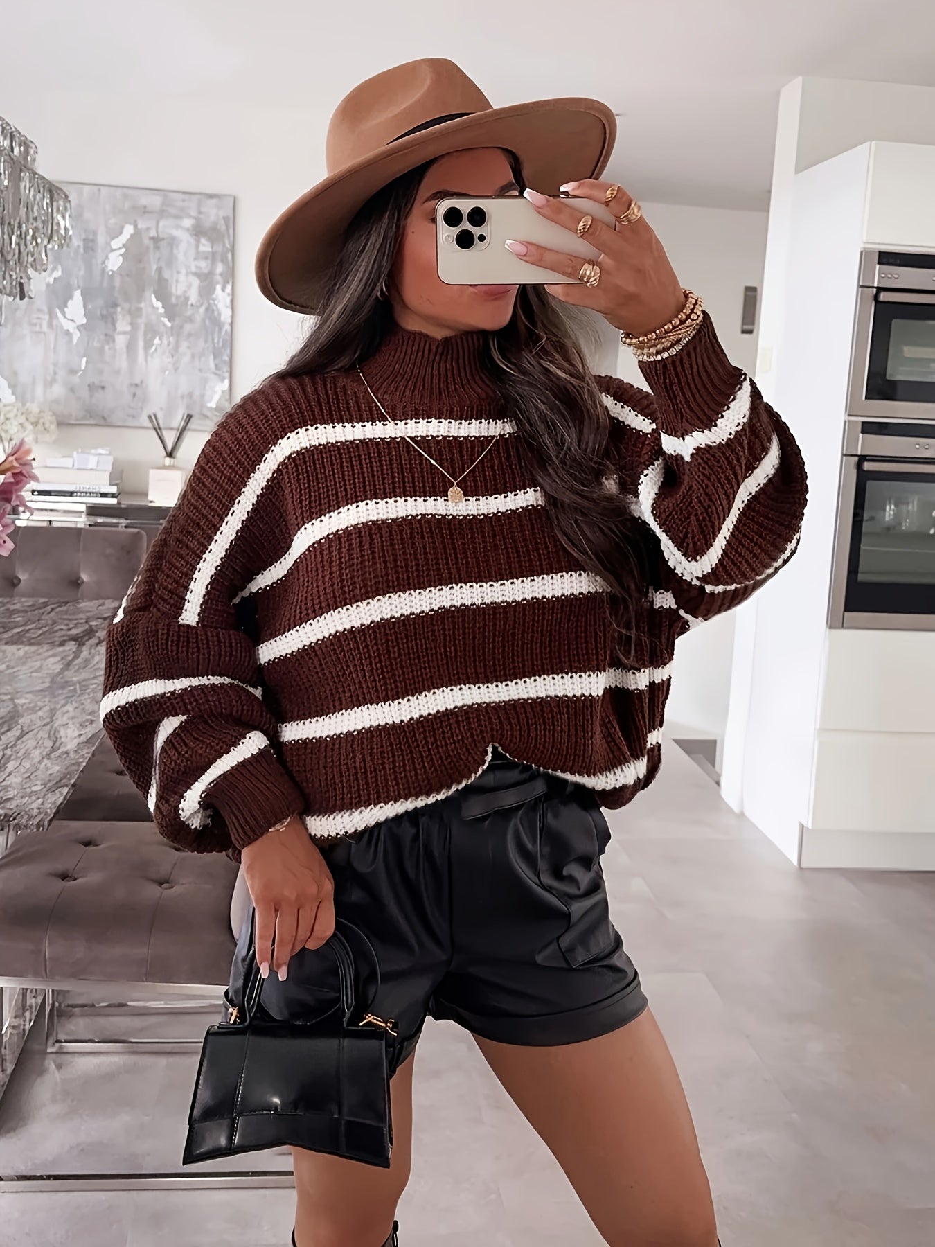 Oversized Color Block Sweater with High Neck for Fall-Winter