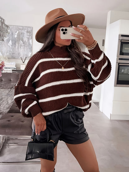 Oversized Color Block Sweater with High Neck for Fall-Winter