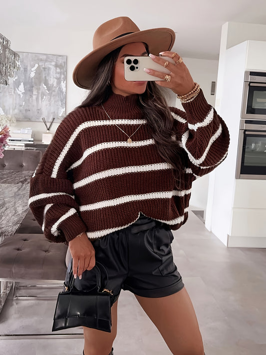 Oversized Color Block Sweater with High Neck for Fall-Winter